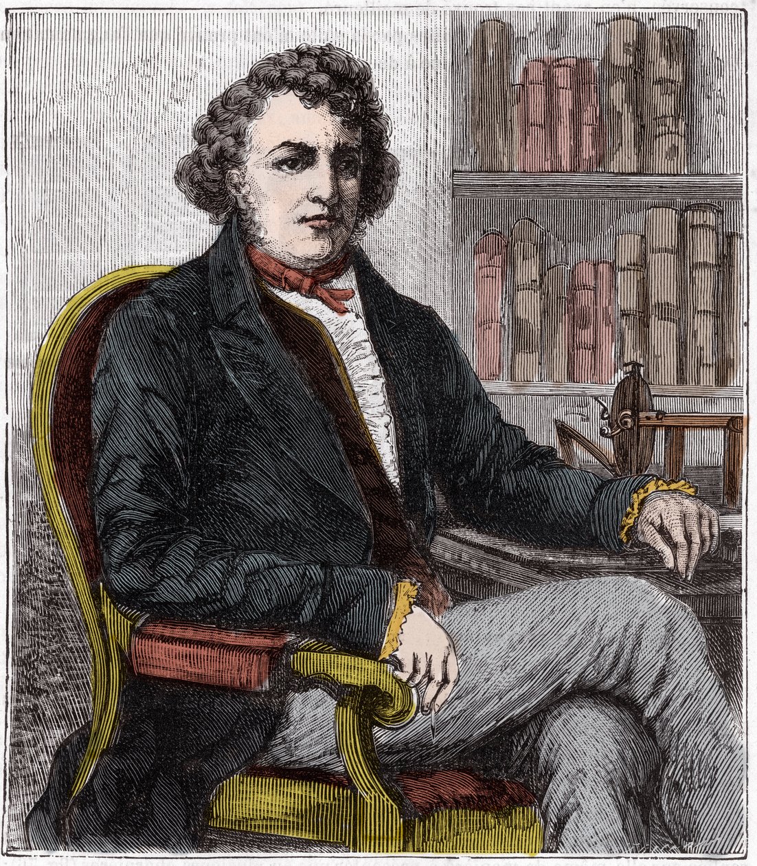 Portret Andre Marie Ampere (1775-1836) Francuski fizyk - Andre-Marie Ampere (1775-1836), francuski fizyk i pionier elektrodynamiki - Grawerowanie w „”Sciences mise à la range de tous – Physical et chimie populaires” autorstwa Alexisa Kleryk - koniec XIX w. autorstwa French School