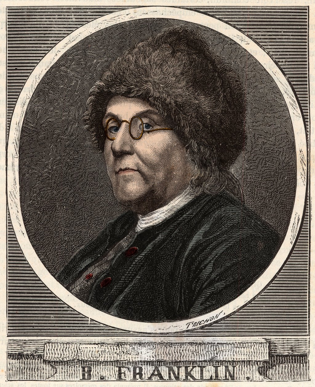 Portret BENJAMINA FRANKLINA (1706-1790) Amerykański drukarz, wydawca, naukowiec, wynalazca, mąż stanu i dyplomata - Portret Benjamina Franklina (1706-1790), amerykańskiego fizyka, filozofa i polityka - Grawerowanie w „”Nauki w zasięgu ręki autorstwa French School