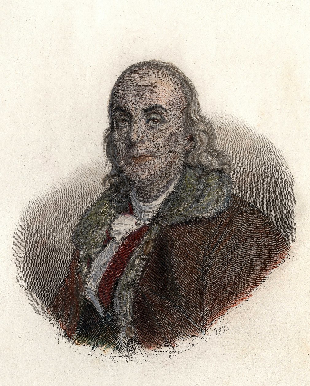 Portret Benjamina Franklina (1706-1790), amerykańskiego fizyka, filozofa i polityka. w „Portrety Hommes Przydatne” autorstwa French School