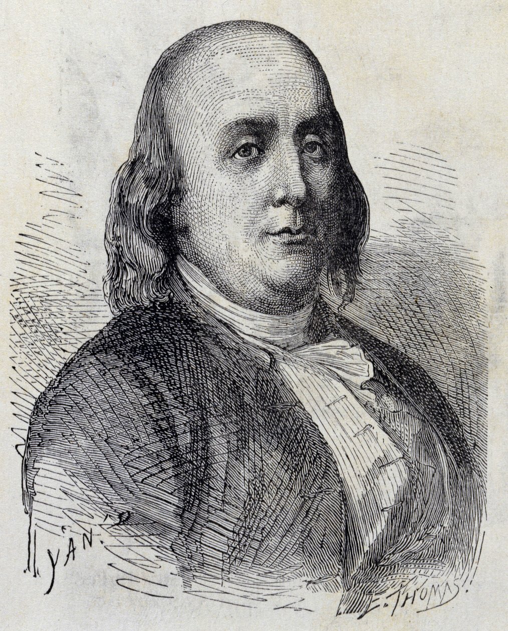 Portret Benjamina Franklina (1706 - 1790), amerykańskiego polityka, memorialisty, broszury i fizyka - w „Albumie nauki”; wybitni uczeni; Wielkie odkrycia”” 1896. autorstwa French School