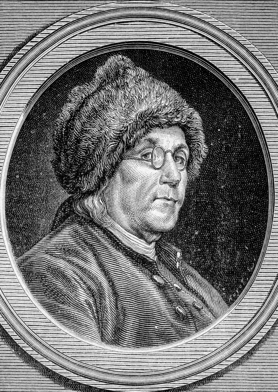 Portret Benjamina Franklina (1706 - 1790), polityka, memorialisty, pamfleta i amerykańskiego fizyka - w „Albumie nauki”; wybitni uczeni; Wielkie odkrycia”” 1896. autorstwa French School
