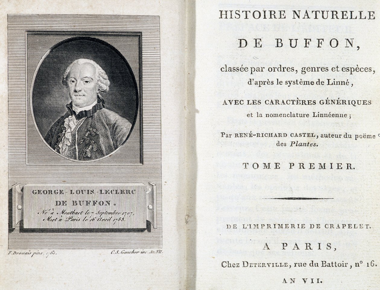 Portret Buffona i strona tytułowa "Historii naturalnej Buffona" sklasyfikowanej według rzędów, rodzajów i gatunków, zgodnie z systemem Linneusza. autorstwa French School
