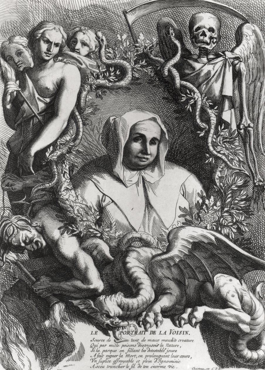 Portret Catherine Monvoisin (La Voisin) (1640-80) (rycina) (zdjęcie bw) autorstwa French School