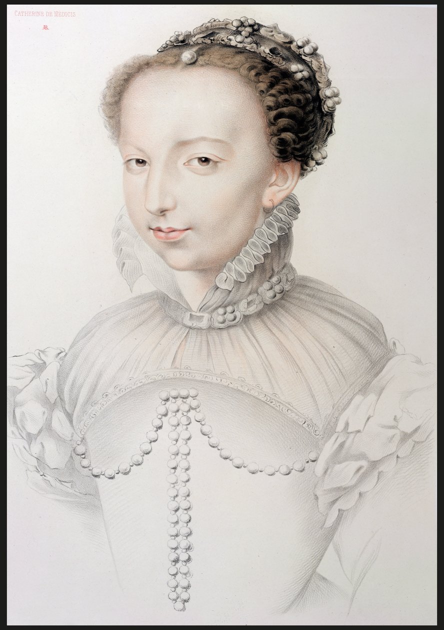 Portret Katarzyny Medycejskiej (1519-89), faksymile XVI-wiecznego rysunku znajdującego się w Portretach najsłynniejszych osobistości francuskich XVI wieku, autorstwa P.G. Niel, Paryż, 1848 (grafit o autorstwa French School