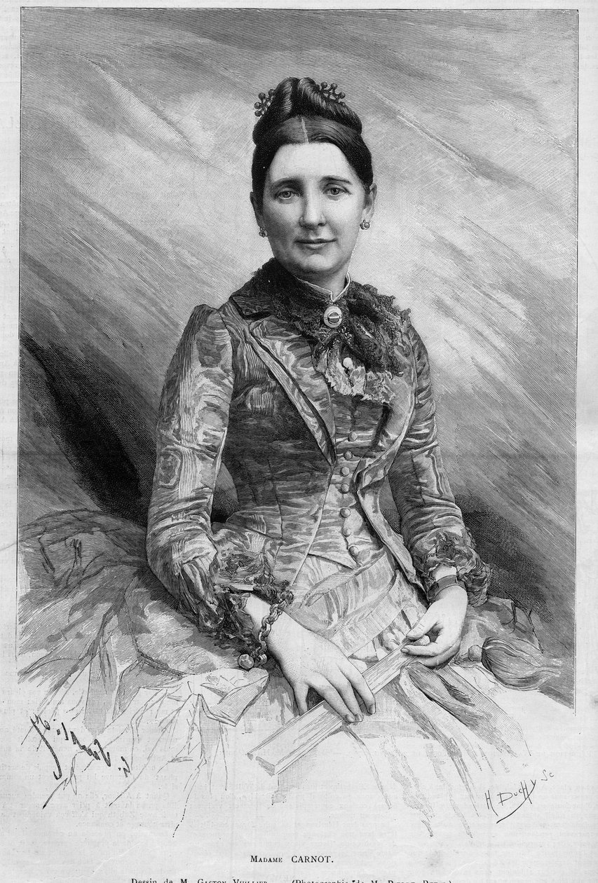 Portret Cecile Carnot (z domu Dupont-White lub Dupont White) (1841-1898), żony Sadi Carnot, prezydenta Republiki Francuskiej. Grawer w „Le Monde Illustré” nr 1678 z dnia 25 maja 1889 r. autorstwa French School