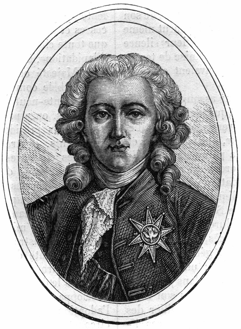 Portret Charlesa Alexandre de Calonne, francuskiego polityka za Ludwika XVI (1734-1802), kontrolera finansowego. Grawer w „Historii papieży-królów-królowych i cesarzy na przestrzeni wieków” autorstwa Maurice Lachatre autorstwa French School