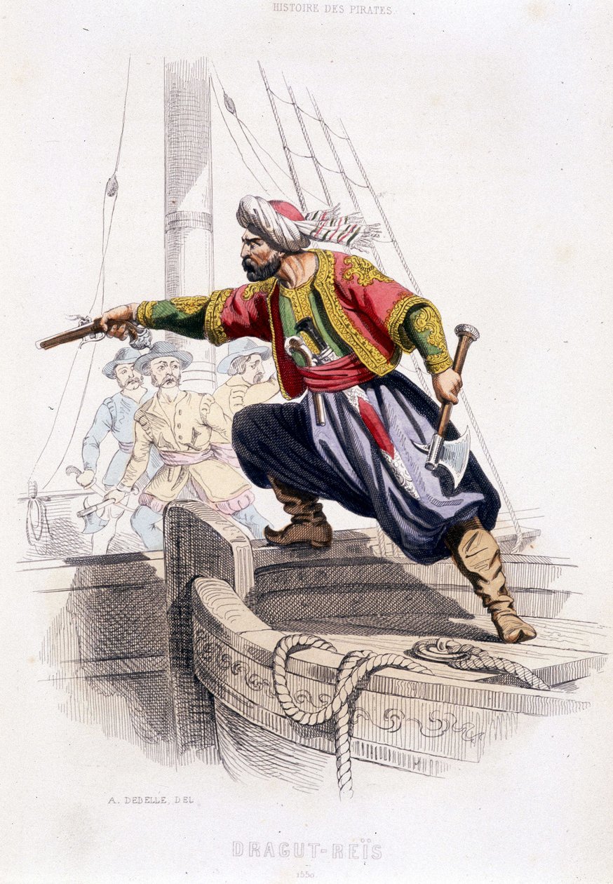 Portret Draguta - Reïs, turecki pirat z XVI wieku - w „”Historii piratów i korsarzy Oceanu i Morza Śródziemnego”” P. Christiana, Paryż, wyd. D. Cavaillés, Tom 1 autorstwa French School