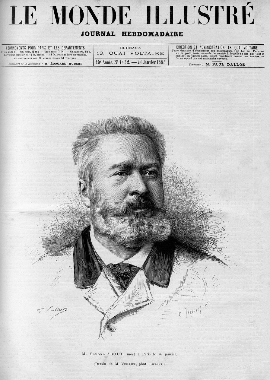 Portret Edmonda About (1828-1885), francuskiego pisarza i dziennikarza, członka francuskiej akademii, W „The Illustrous World” 1885. autorstwa French School