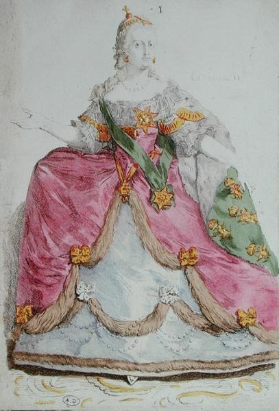 Portret cesarzowej Katarzyny II (1729-96) Wielkiej Rosji, koniec XVIII w. (kolorowa rycina) autorstwa French School