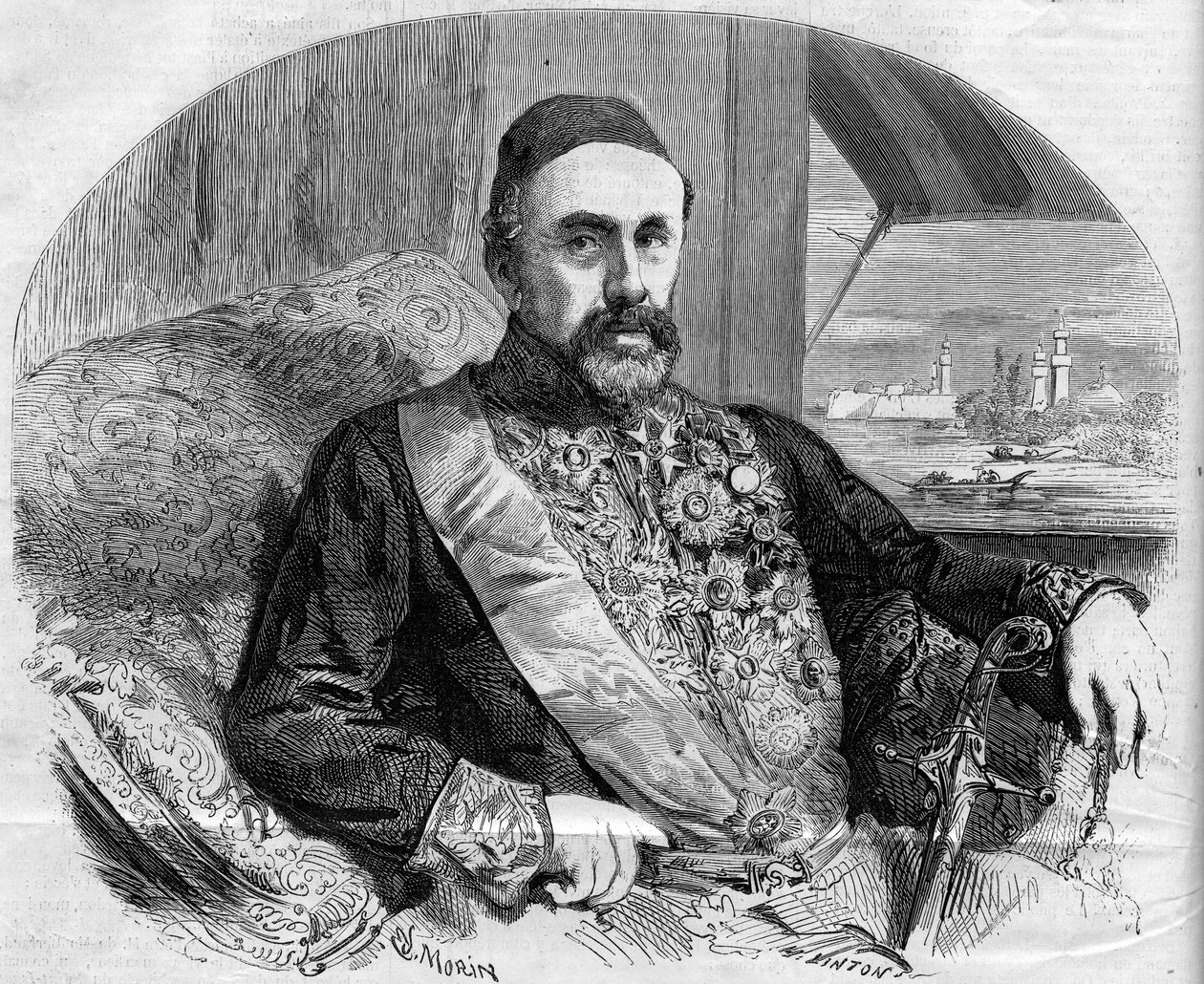 Portret Fouada (Fuada) Paszy (1815-1869), tureckiego polityka i ambasadora. Grawerowanie autorstwa Morina w „”The Illustrous World”” nr 65 z 10 lipca autorstwa French School