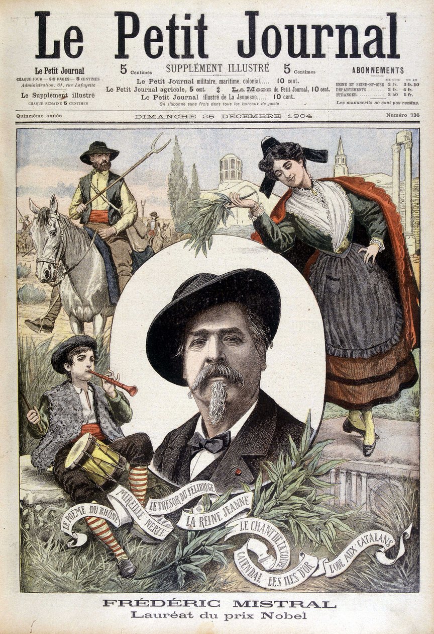 Portret Frédérica Mistrala w otoczeniu prowansalskich postaci (strażnika, fife i Mireille) - w „Dzienniku Le Petit” z 28.12.1904 (rycina) autorstwa French School