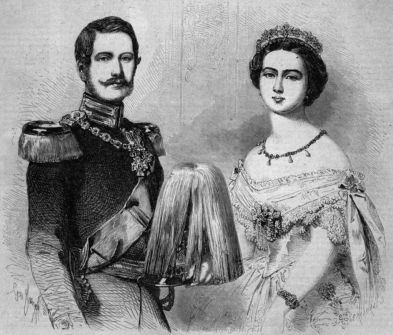 Portret Fryderyka Guilllaume z Prus (1831-1888, przyszłego Fryderyka III, króla Prus i cesarza Niemiec) i jego narzeczonej, angielska księżna Wiktoria (1840-1901). Grawer w „Le Monde Illustré” nr 41 z 23 stycznia 1858 r. autorstwa French School