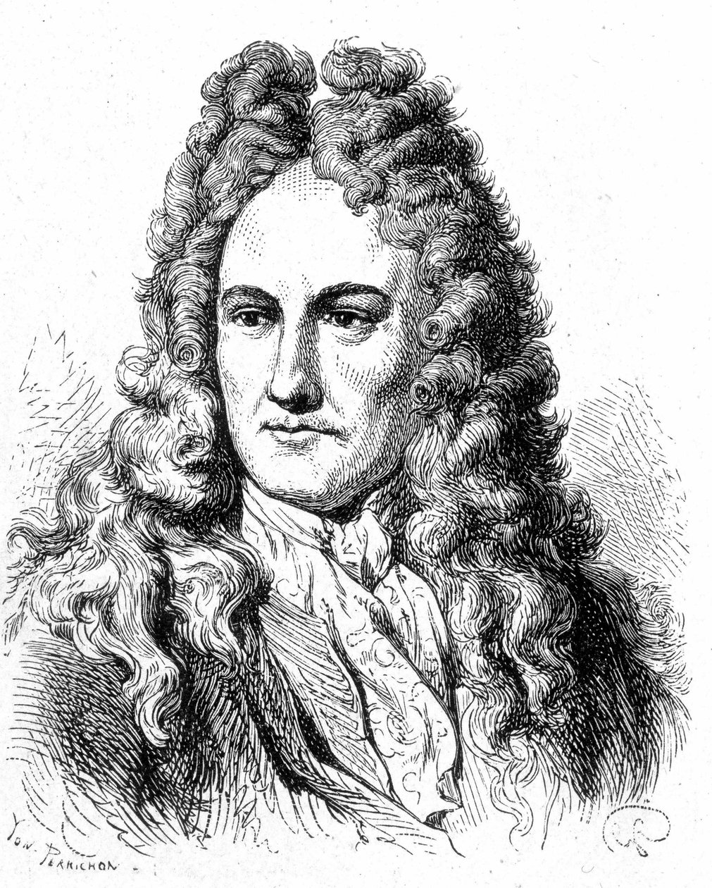 Portret Gottfrieda Wilhelma von Leibniza (1646 - 1716), niemieckiego filozofa i uczonego - w „Albumie Nauki”; wybitni uczeni; Wielkie odkrycia”” 1896. autorstwa French School