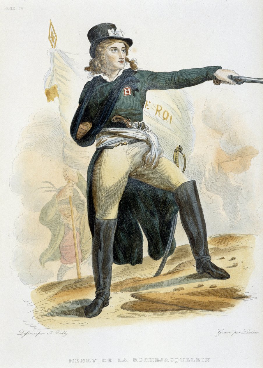 Portret Henriego du Vergiera, hrabiego La Rochejaquelein (lub Sadu La Rochejacquelein) (1772-1794) z flagą „live le roi” (na piersi insygnia Wandejczyków) - w „Le Plutarque Français”” autorstwa Mennechet, tom 8 1841 autorstwa French School