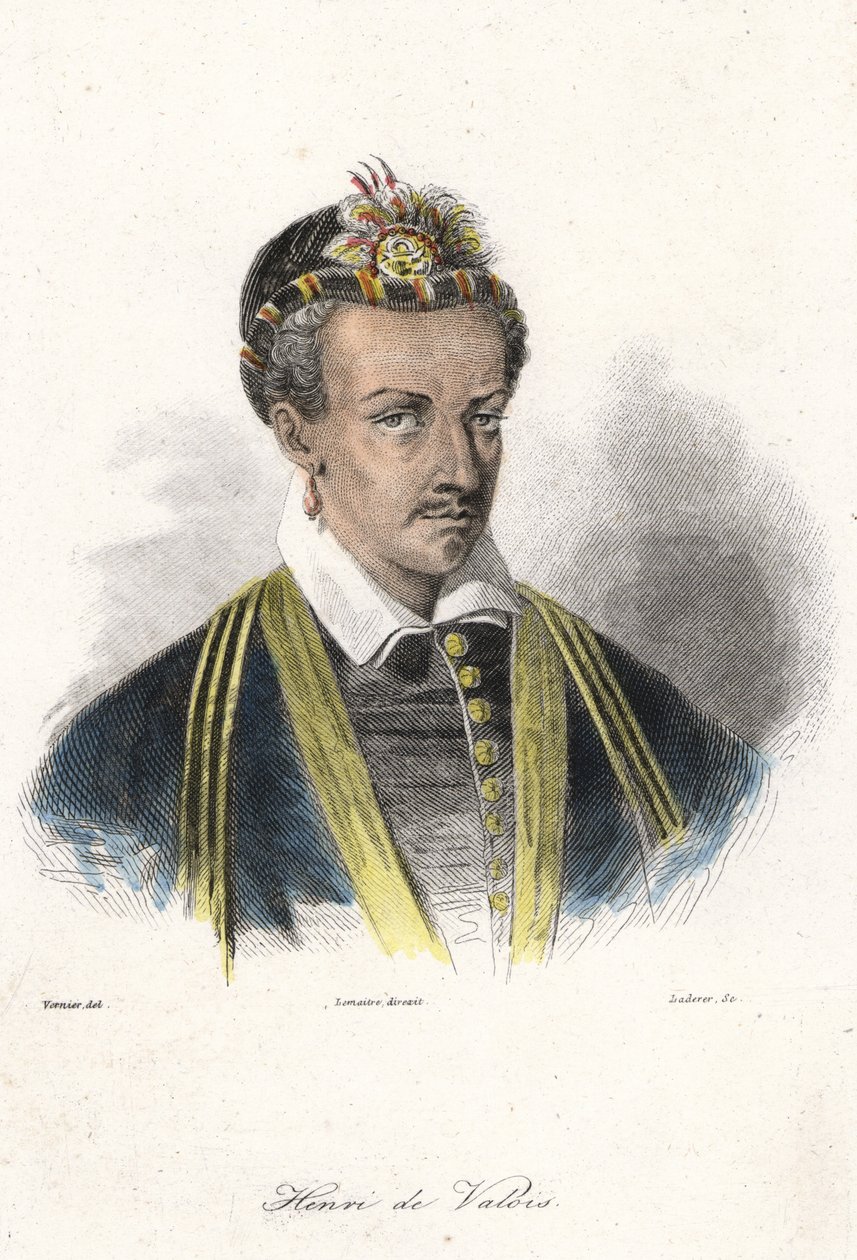 Portret Henryka III (1551 - 1589), króla Francji. (z kolczykiem). Grawerowanie XIX wieku. autorstwa French School