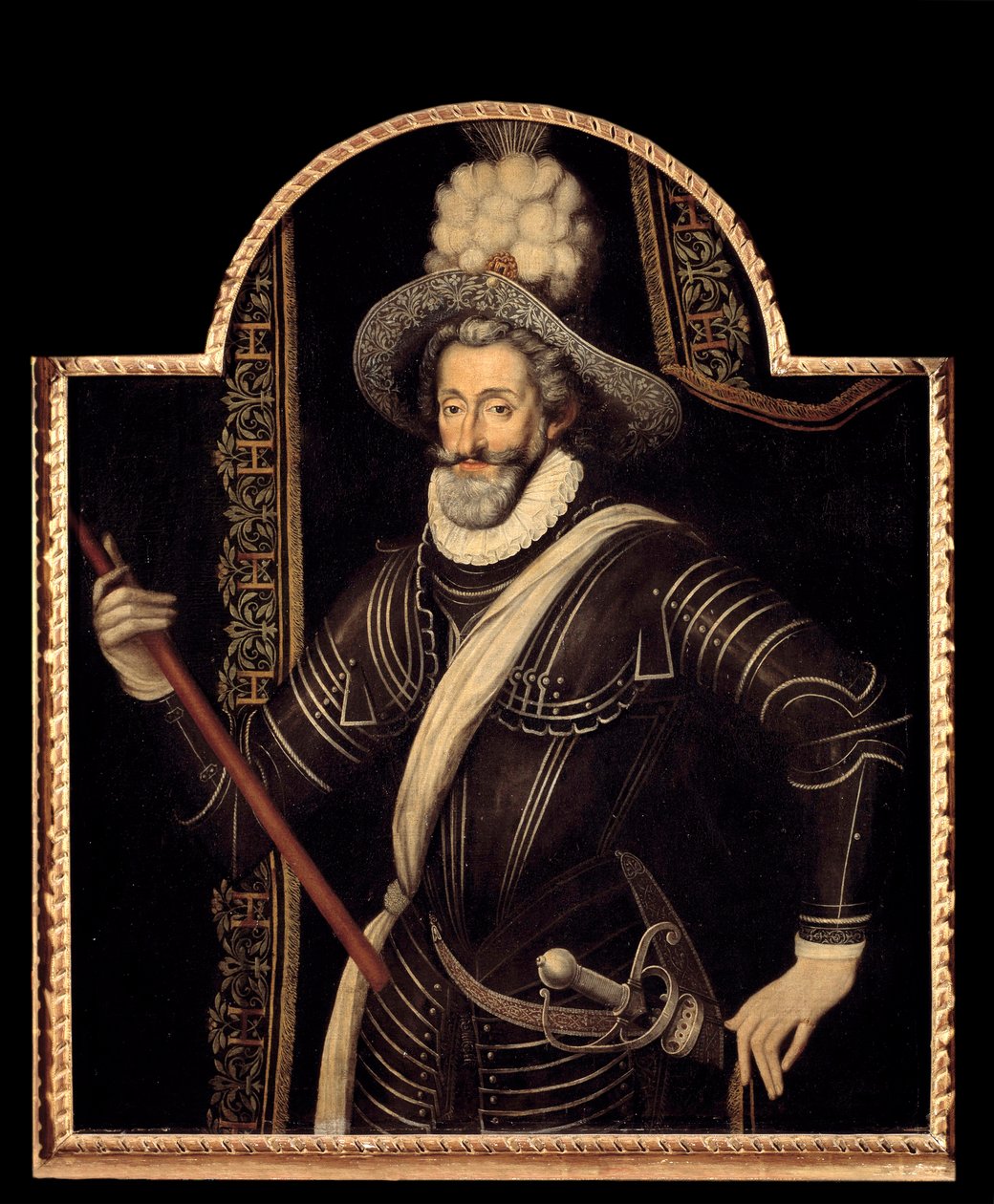 Portret Henryka IV w białym kirysie i pióropuszu, króla Francji i Nawarry (1553-1610) Anonimowy obraz Szkoły Francuskiej z XVI wieku. Ciemny. 1,15x0,99m. autorstwa French School