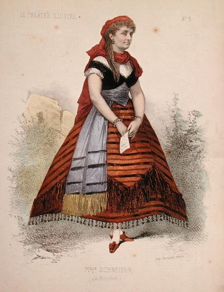Portret Hortense Schneider (1833-1920) w roli La Perichole w operetce o tym samym tytule autorstwa Jacquesa Offenbacha (1819-90) ilustracja z „Le Theatre Illustre” (kolor litho) autorstwa French School