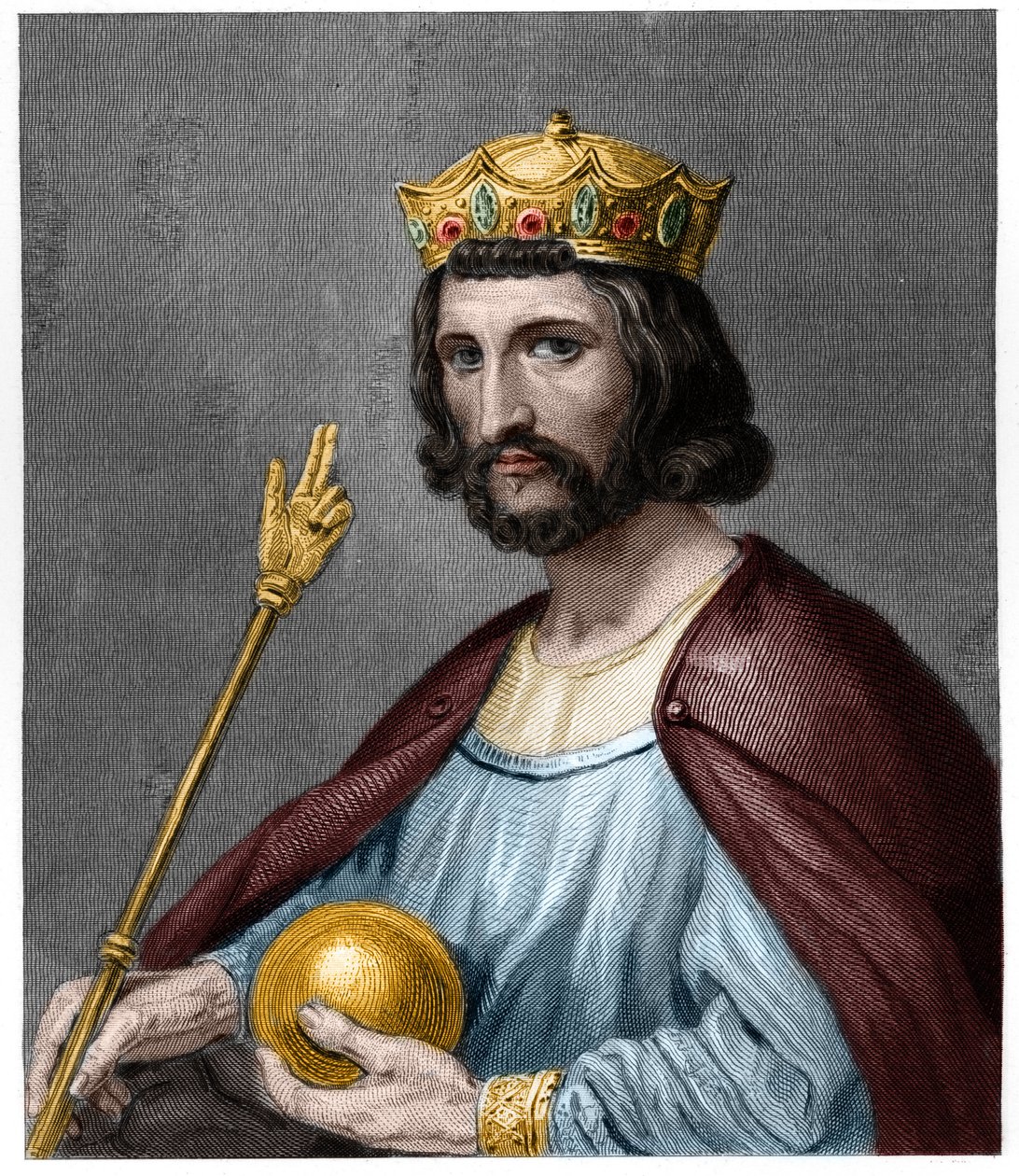 Portret Hugues I Capet (v. 941 - 996), księcia Francji, a następnie króla Francji - w „Histoire des Francais” Lavallée, rycina, sd. autorstwa French School