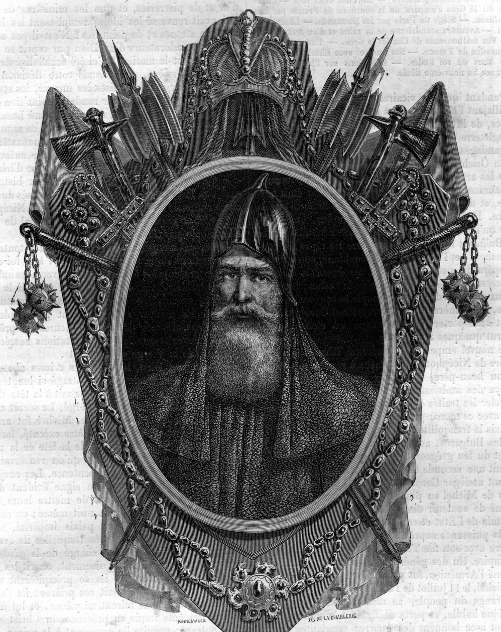 Portret księcia ruskiego Igora, księcia varegue, władcy „Rusi” kijowskiej od 912 do 945. Rycina w „Histoire des Papes-Rois-Queen and Empereurs a travers les century”” Maurice Lachatre autorstwa French School