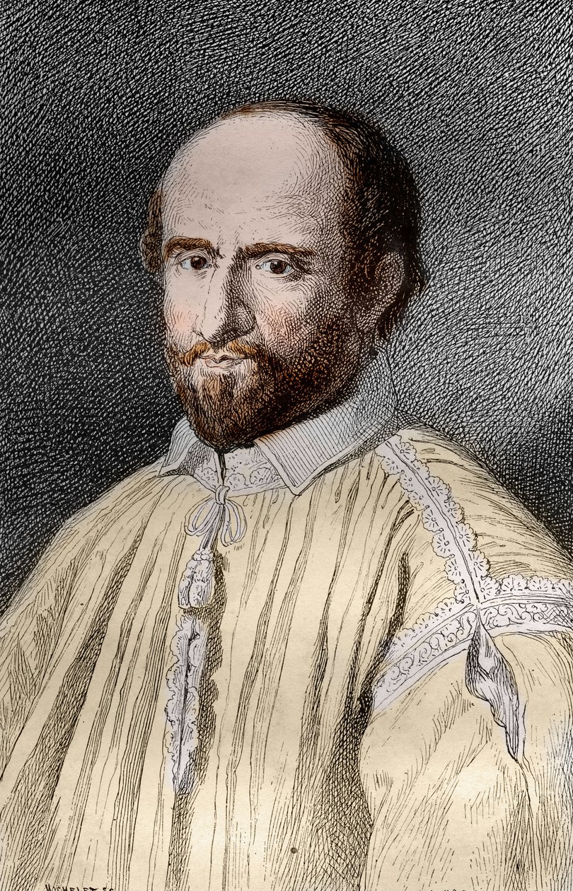 Portret Jeana Duvergiera de Hauranne (1581-1643), opata Saint-Cyran, francuskiego zakonnika i teologa jansenisty (Jean du Vergier de Hauranne, opata Saint Cyran (1581-1643), francuskiego mnicha, który wprowadził jansenizm do Francji) Rycina z „ Les tajemni autorstwa French School