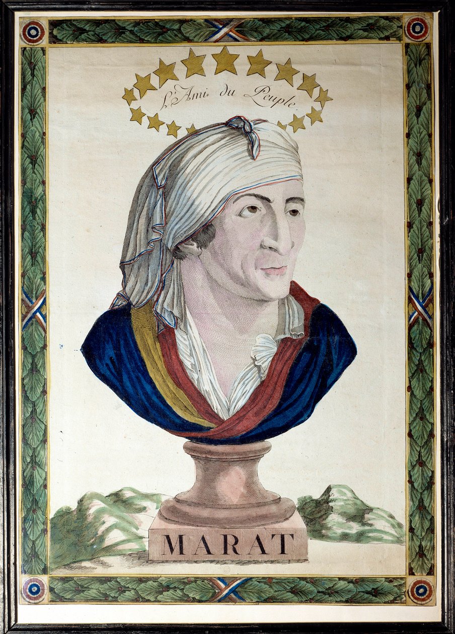 Portret Jeana Paula Marata, francuskiego lekarza, dziennikarza i polityka (1743-1793), przyjaciela ludu. Akwaforta z mocną wodą i dłutem z XVIII wieku. Paryż, Musee Carnavalet. autorstwa French School