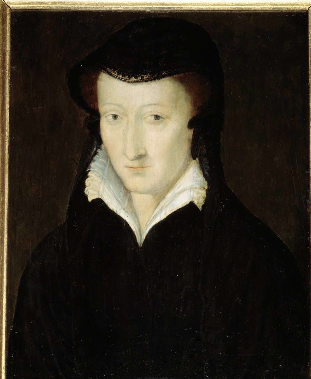 Portret Joanny z Albret, suwerennej księżniczki Bearn, królowej Nawarry (1582-1572), matki Henryka IV, w stroju wdowy po 1562 około 1563-1570 Anonimowy obraz szkoły francuskiej. 16 wiek. Ciemny. 0,18x0,14m. autorstwa French School