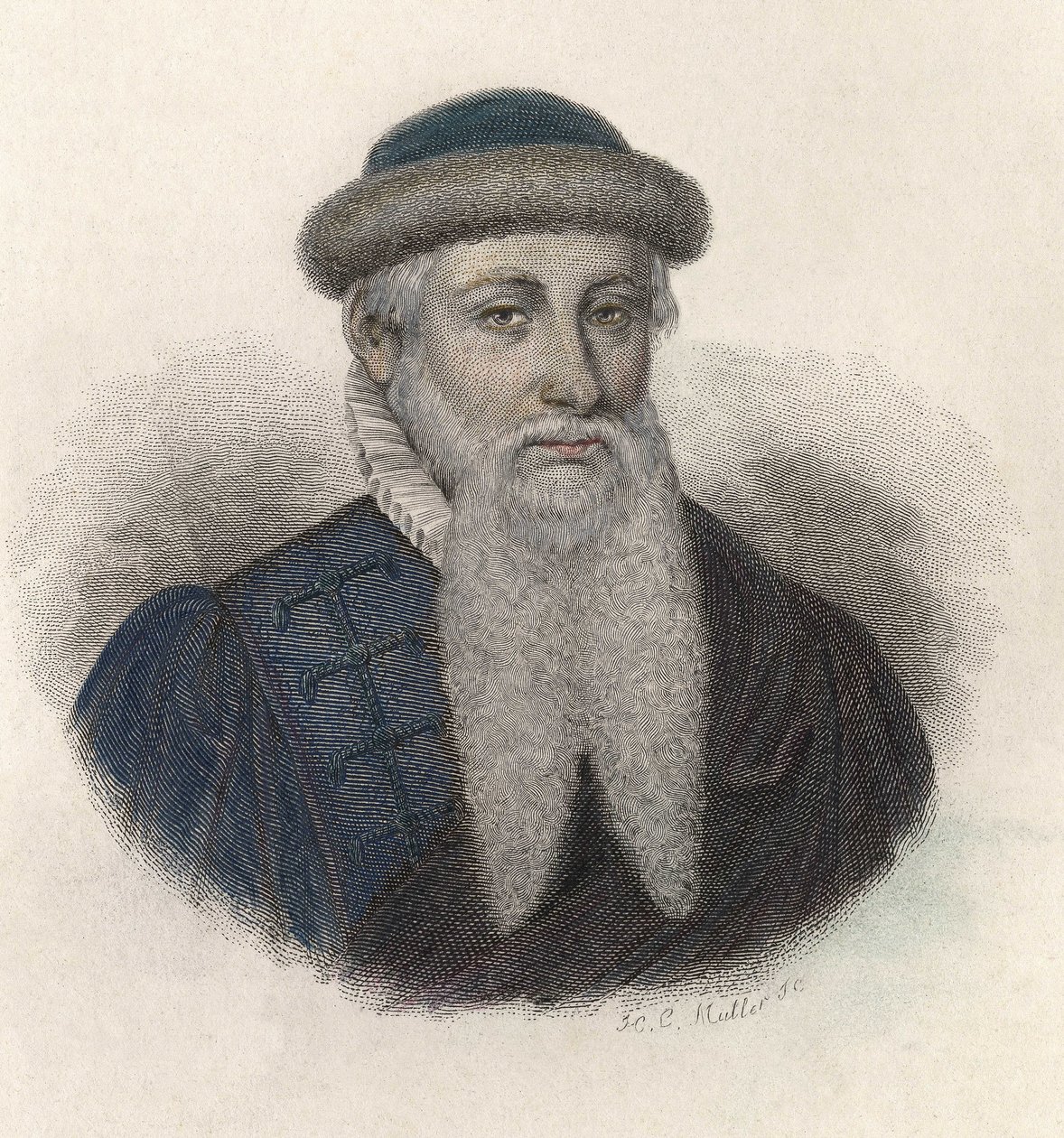 Portret Johannesa Gensfleischa dit Gutenberg (1394/99-1468), niemieckiego drukarza. W „”Portretach pożytecznych mężczyzn”” autorstwa French School