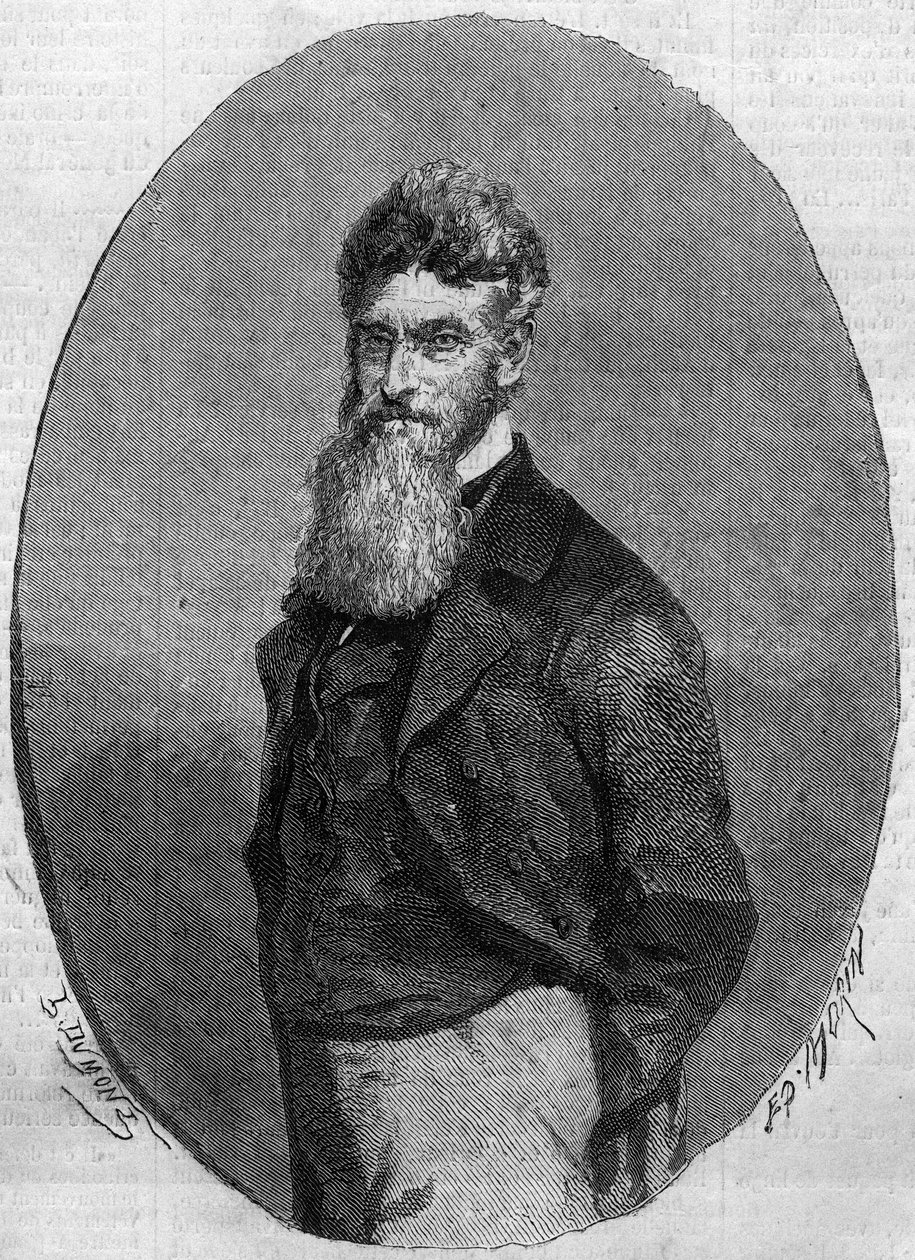 Portret Johna Browna (1800-1859), amerykańskiego działacza przeciw niewolnictwu. Grawer w „Le Monde Illustré” nr 140 z 17 grudnia 1859 r. autorstwa French School