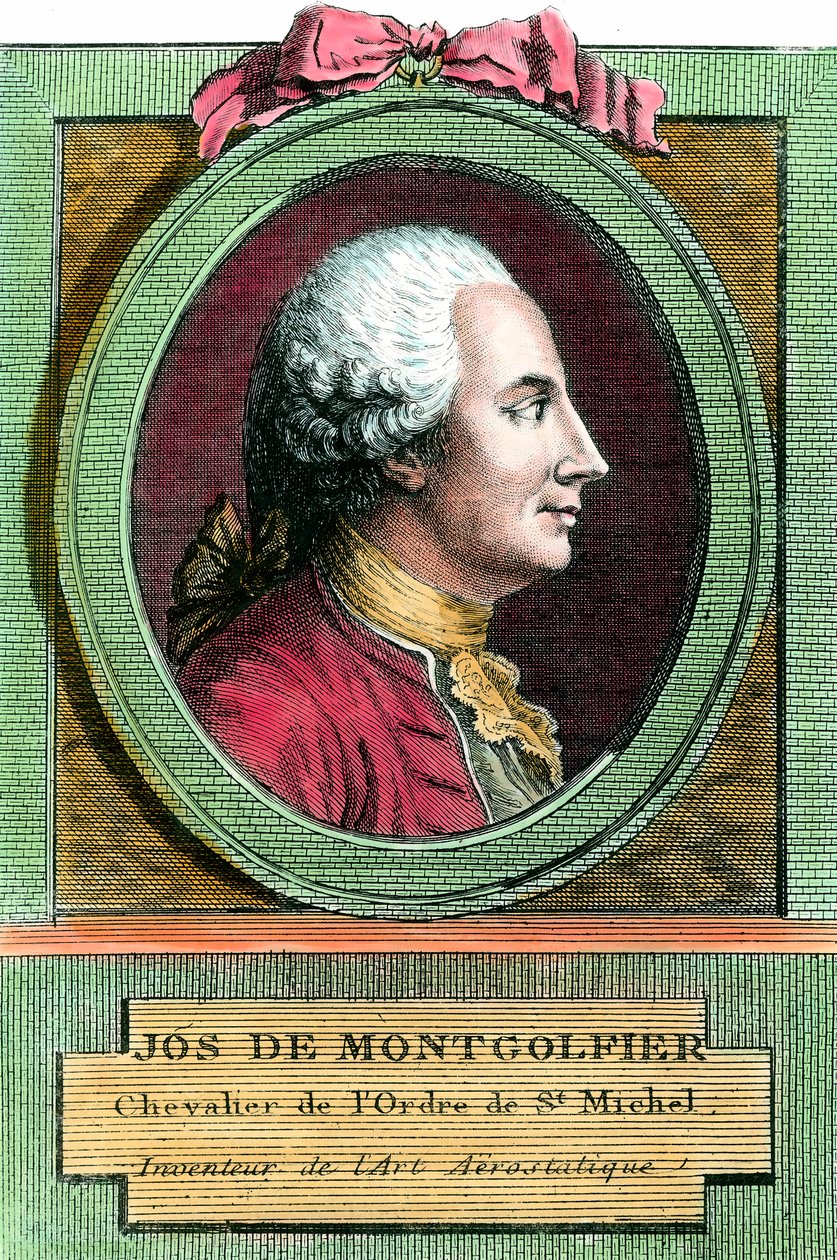 Portret Josepha de Montgolfiera (1740 - 1810) wynalazcy balonu na ogrzane powietrze. Rycina z XVIII wieku. Prywatna kolekcja. autorstwa French School
