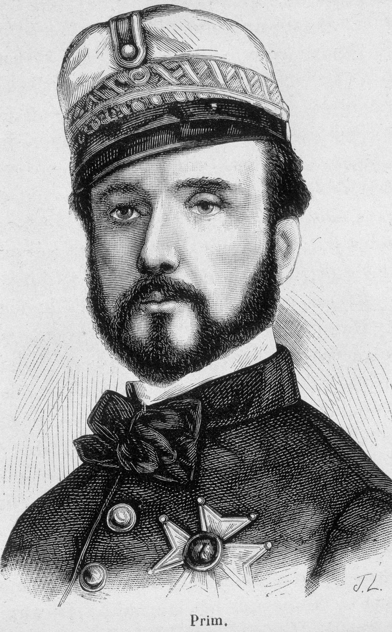 Portret Juana Prim y Pratsa, hiszpańskiego generała i polityka (1814 - 1870) - w „Historii Francji” Henri Martina autorstwa French School