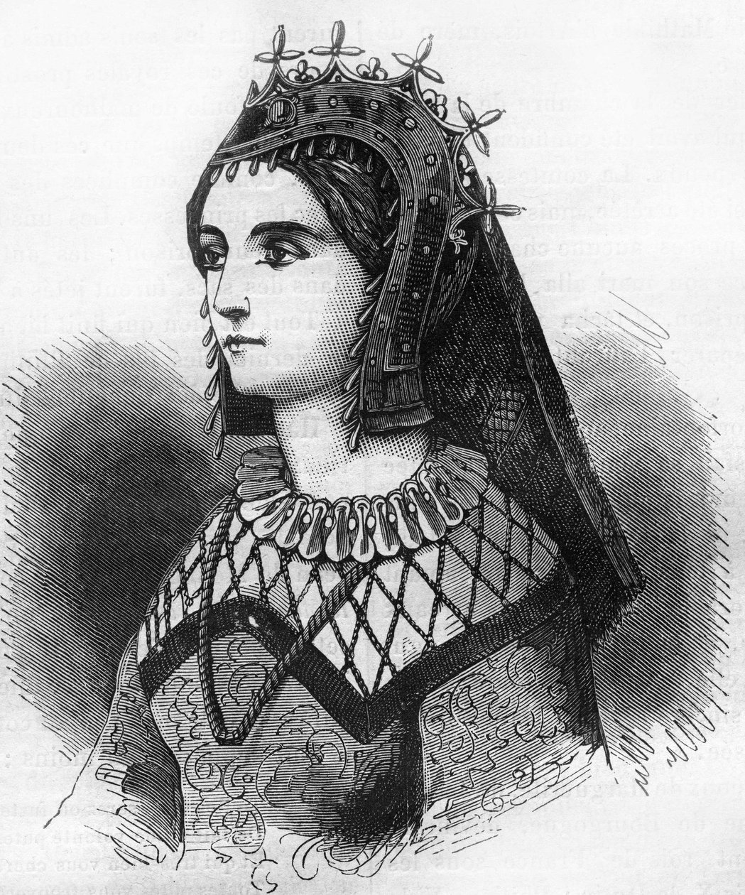 Portret Judyty Francuskiej (843-870), królowej Wessex, a następnie hrabiny Flandrii. Grawer w „Historii prostytucji i rozpusty w narodach świata od starożytności do dnia dzisiejszego”” autorstwa dr Th.-F. Debray. 1879. autorstwa French School