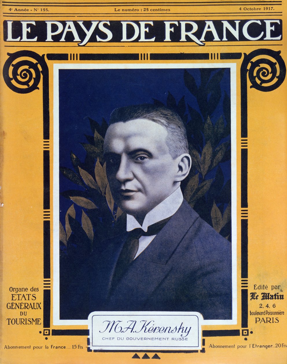 Portret Kiereńskiego, okładka francuskiego magazynu Le Pays de France, 4 października 1917 autorstwa French School