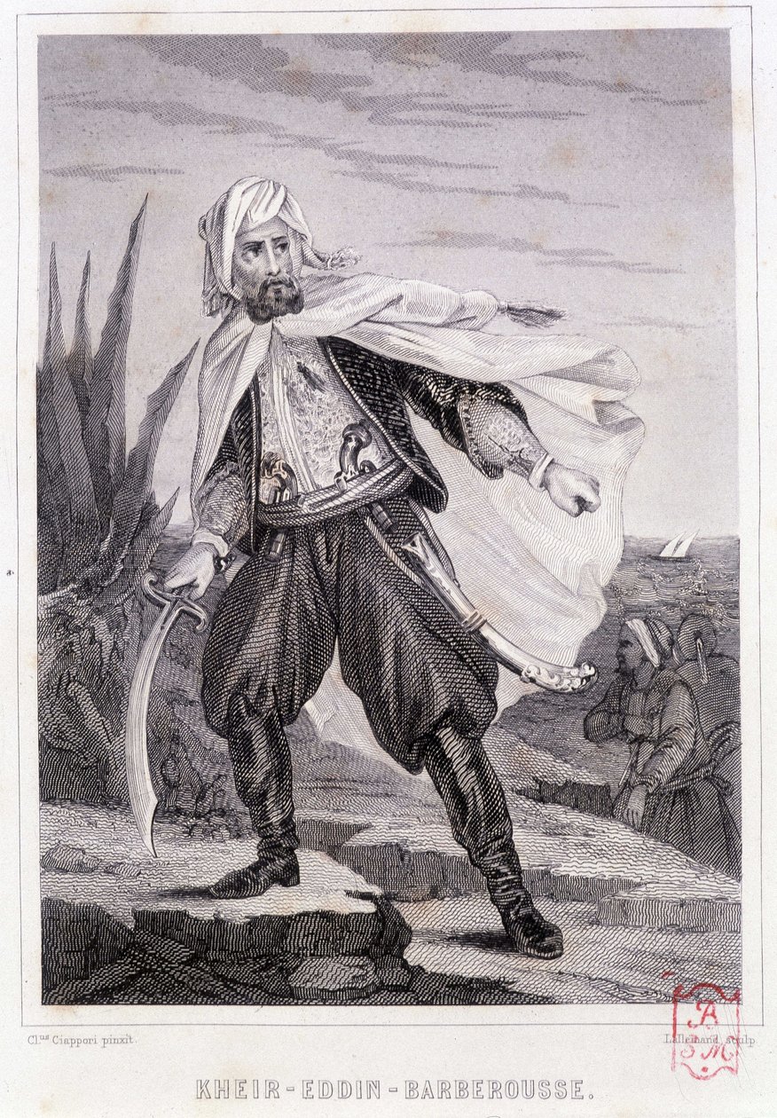 Portret Kheira - Eddina - Barberoussa, tureckiego pirata XVI wieku - w „Historii piratów i korsarzy Oceanu i Morza Śródziemnego” P. Christiana, Paryż, wyd. D. Cavaillés, tom 1 autorstwa French School