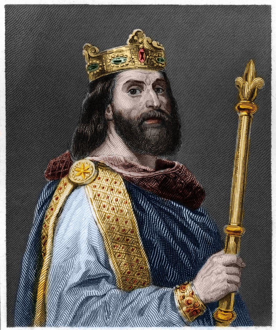 Portret Ludwika II Begue lub Faineant (846 - 879), króla Francji - w "Historii Francuzów" Lavallee, rycina, sd. autorstwa French School