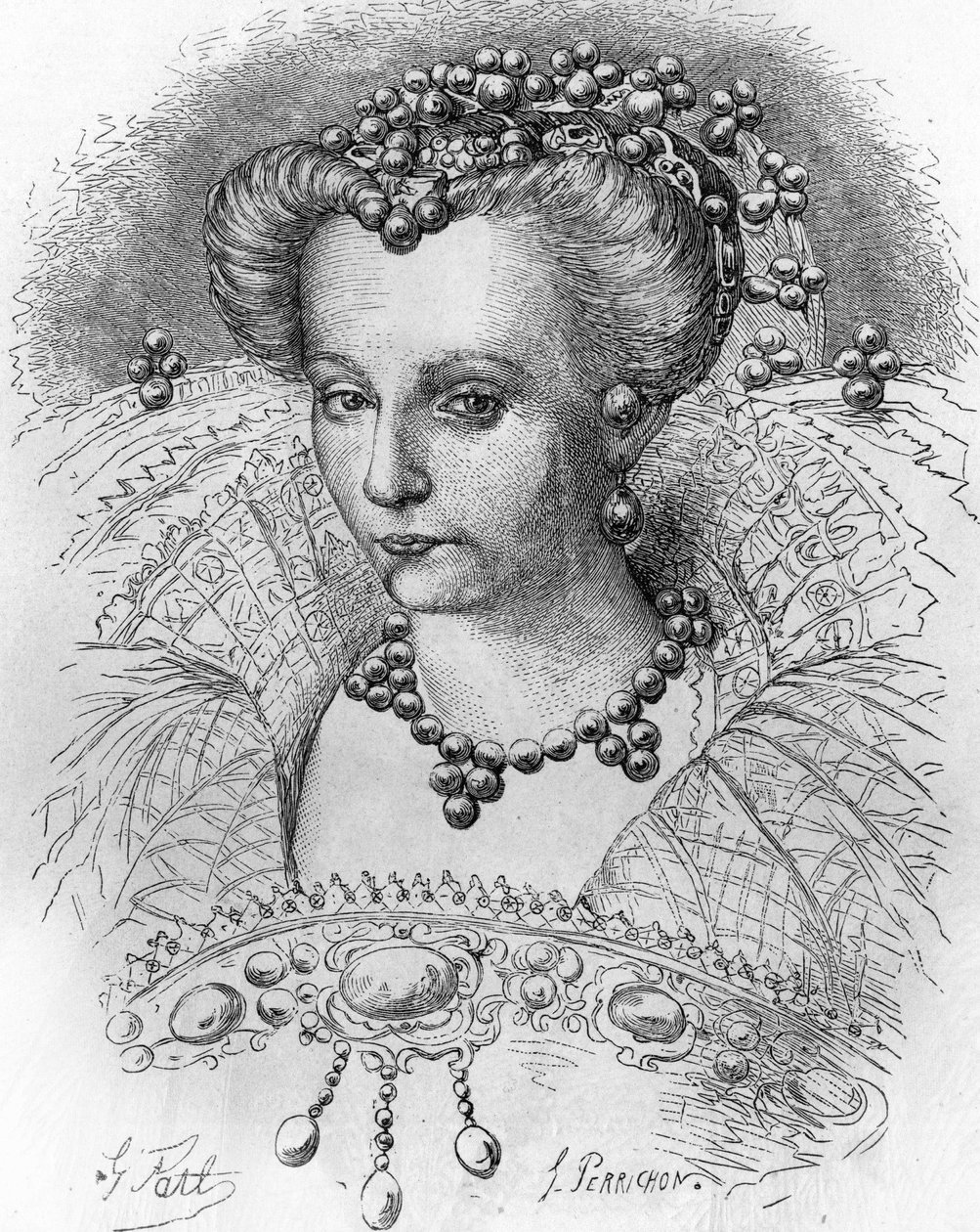 Portret księcia Joyeuse, uroczy autorstwa Henryka III. W „”Popularna historia Francji””, bd. ok. 1885 r. Grawerowanie. autorstwa French School