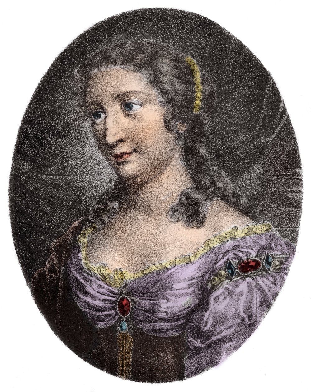 Portret Madame de La Fayette, francuskiej powieściopisarki (grafika) - Marie-Madeleine (Marie Madeleine) Pioche de La Vergne, Comtesse de Lafayette (Madame de la Fayette) (1634-1693). Rycina XIX wieku. autorstwa French School