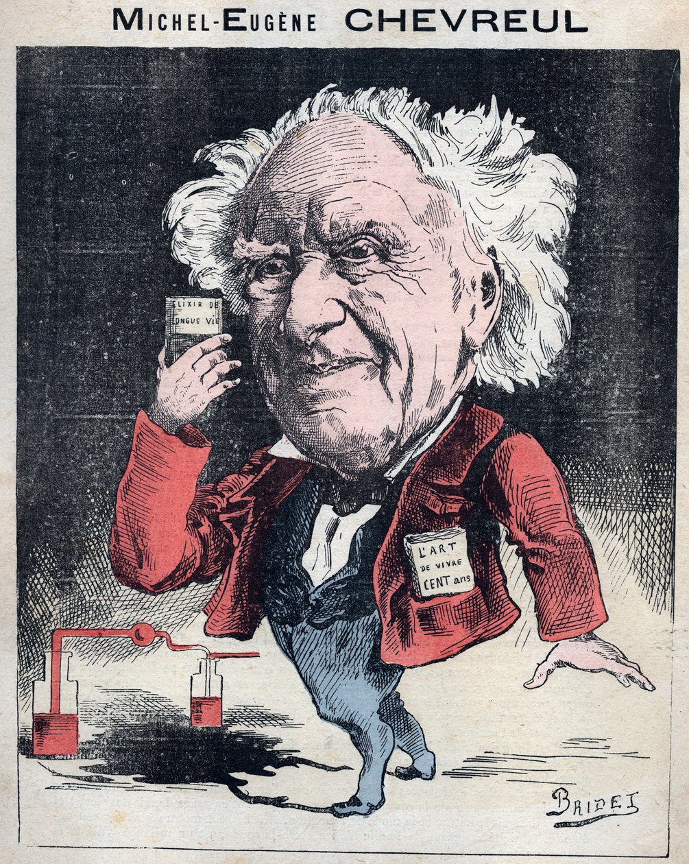 Portret Michela Eugene (Michel-Eugene) Chevreula (1786-1889), francuskiego chemika - Karykatura autorstwa Brideta w „Les Hommes d
