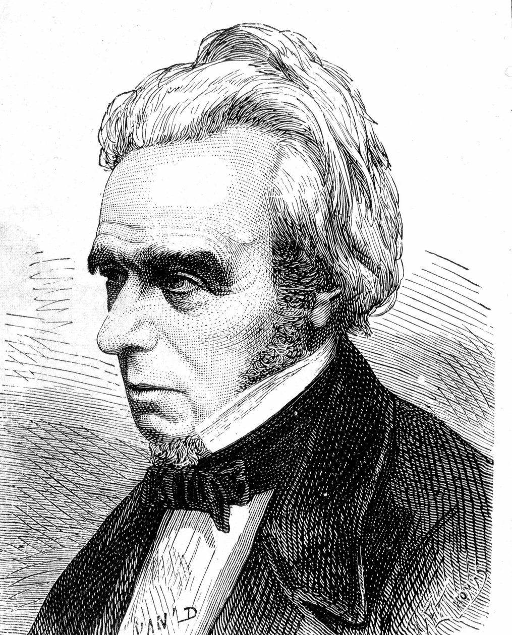 Portret Michela Faradaya (1791 - 1867), brytyjskiego fizyka i chemika - w „Albumie nauki”; wybitni naukowcy; Wielkie odkrycia”” 1896. autorstwa French School