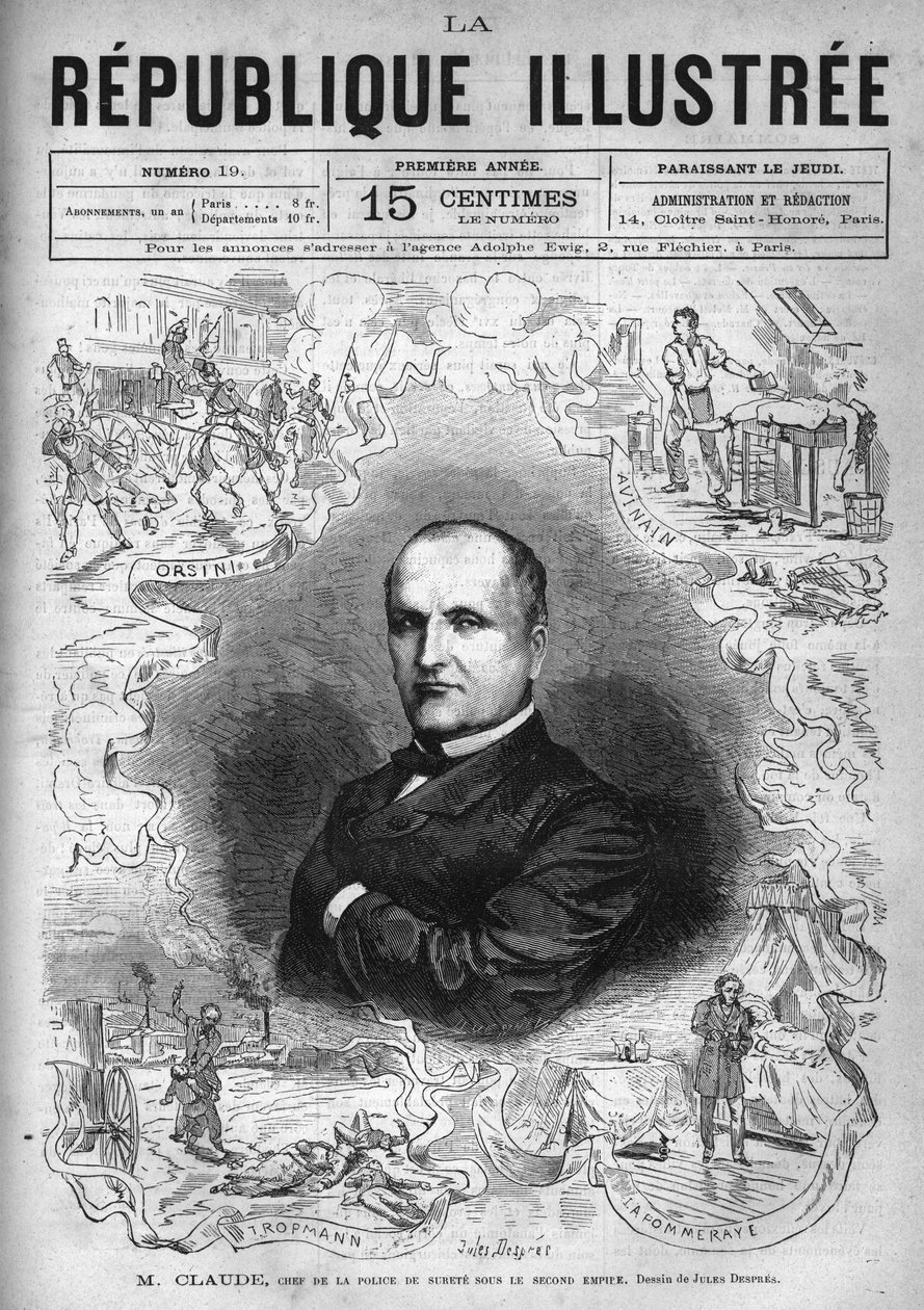 Portret Monsieur Claude (Antoine Francois Claude dit) (1807-1880), francuskiego policjanta i pisarza, szefa policji bezpieczeństwa II Cesarstwa. Gazeta. Rycina z 1880 r. w prywatnej kolekcji „La republique illustree”. autorstwa French School