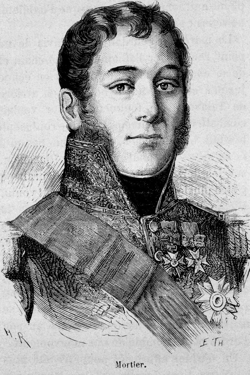Portret Mortiera, księcia Treviso (1768 - 1835), marszałka Francji, zabitego podczas ataku Fieschi - w „Historii Francji” Henri Martina autorstwa French School