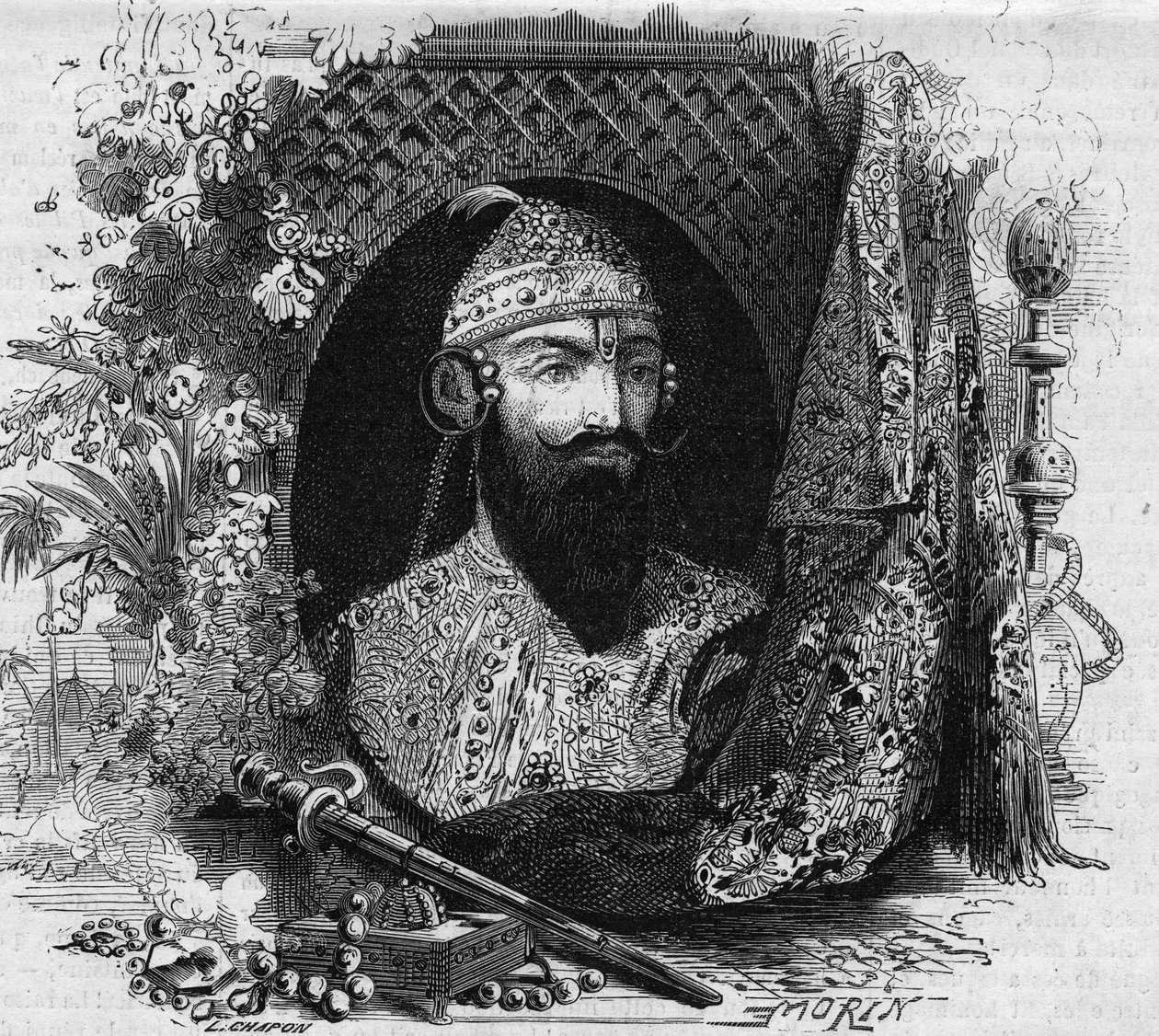 Portret Nana Saheb (Nana Sahib) (pod jej prawdziwym imieniem Dhundu Pant) (ok. 1820-?), przywódczyni antykolonialnej rewolty Cipayów w Indiach. Grawer w „” Le Monde Illustré”” nr 331 z dnia 15 sierpnia 1863 r. autorstwa French School