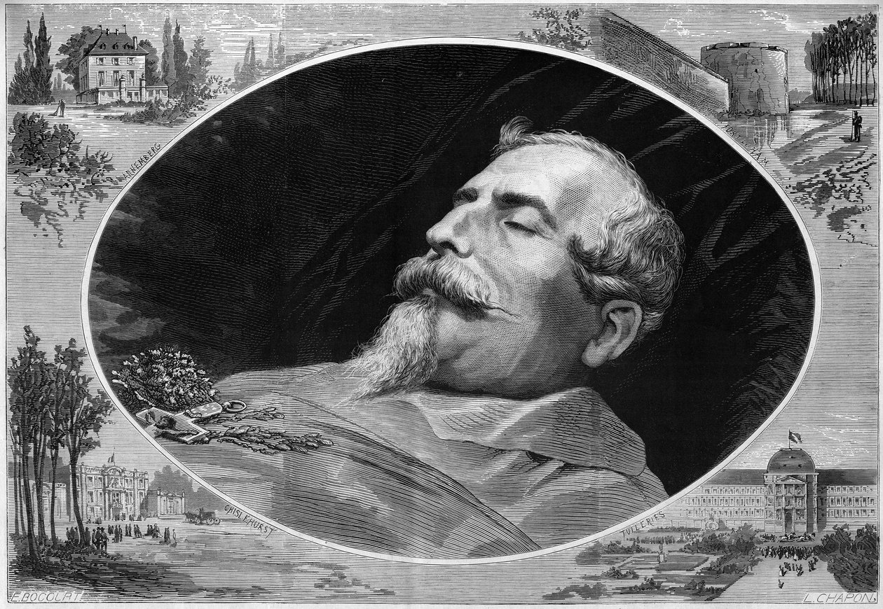 Portret Napoleona III (1808-1873), na łożu śmierci. Grawerowanie w „”Le Monde Illustré””n°824 z 25 stycznia autorstwa French School