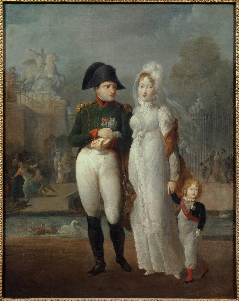 Portret Napoleona I (1769-1821) i Marii Louise z ich synem, królem Rzymu Napoleonem II, księciem Reichstadt w Ogrodach Tuileries Obraz Anonimowy. XIX-wieczna kolekcja prywatna - Portret Napoleona I (1769-1821) i Marii Ludwiki z ich so autorstwa French School