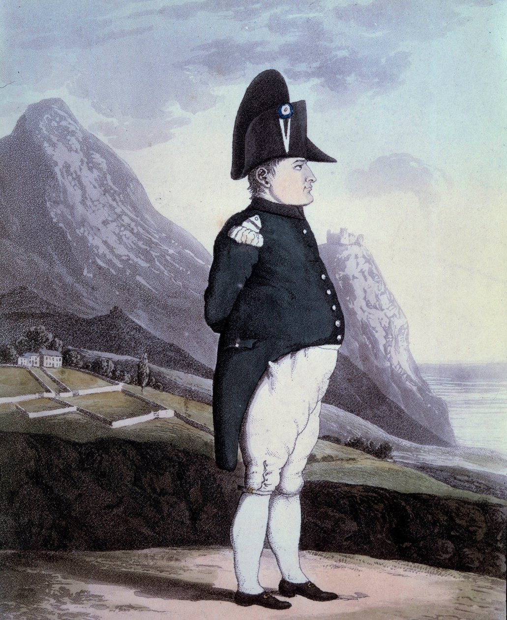 Portret Napoleona I (1769-1821) na wyspie Świętej Heleny w maju 1815 r. Rycina XIX-wiecznej Ile d