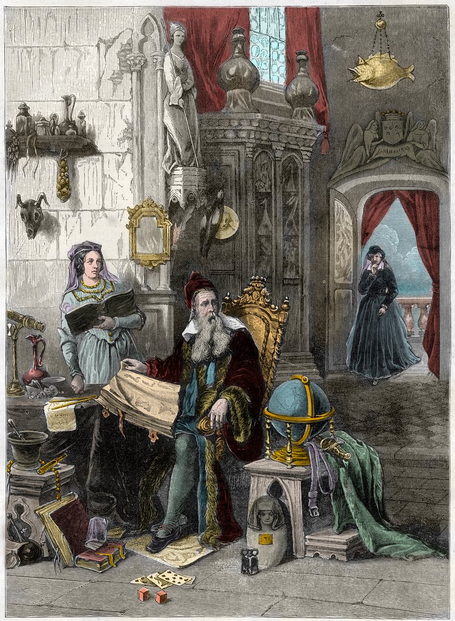 Portret Nostradamusa, Michel de Notre Dame (1503-1566) Francuski astrolog i lekarz z Katarzyną Medyceuszy (Caterina de Medici) (1519 - 1589) - XIX wiek (rycina) autorstwa French School