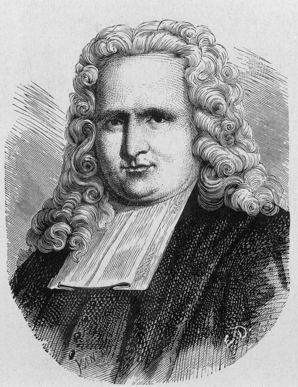 Portret Pietera (Petrus, Pierre) van Musschenbroek (1692 - 1761), holenderskiego fizyka, wynalazcy w 1745 roku pierwszego kondensatora elektrycznego (butelka Leiden) - w „Albumie nauki”; wybitni naukowcy; Wielkie odkrycia”” 1896. autorstwa French School