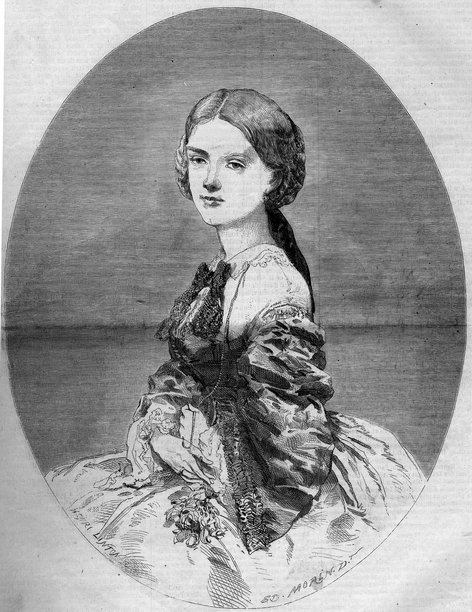 Portret księżniczki Klotyldy Sabaudzkiej (1843-1911), przyszłej żony księcia Napoleona (1822-1891). Grawer w „”Le Monde Illustré””n°94 z 29 stycznia 1859 r. autorstwa French School
