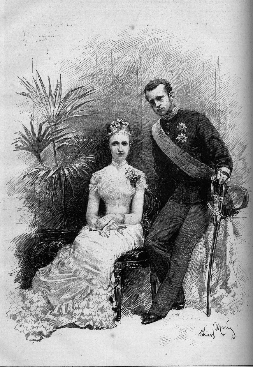 Portret księżnej Stefanii Belgijskiej (1864-1945) i arcyksięcia Rodolfa austriackiego (1858-1889). Grawer w „Le Monde Illustré” n°1209 z 29 maja 1880 r. autorstwa French School