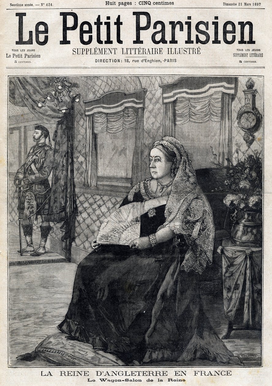 Portret angielskiej królowej Wiktorii (1819-1901), podróżującej przez Francję w swoim Salonie Wagonów. Pierwsza strona francuskiej gazety Le petit Parisien. 21 marca autorstwa French School