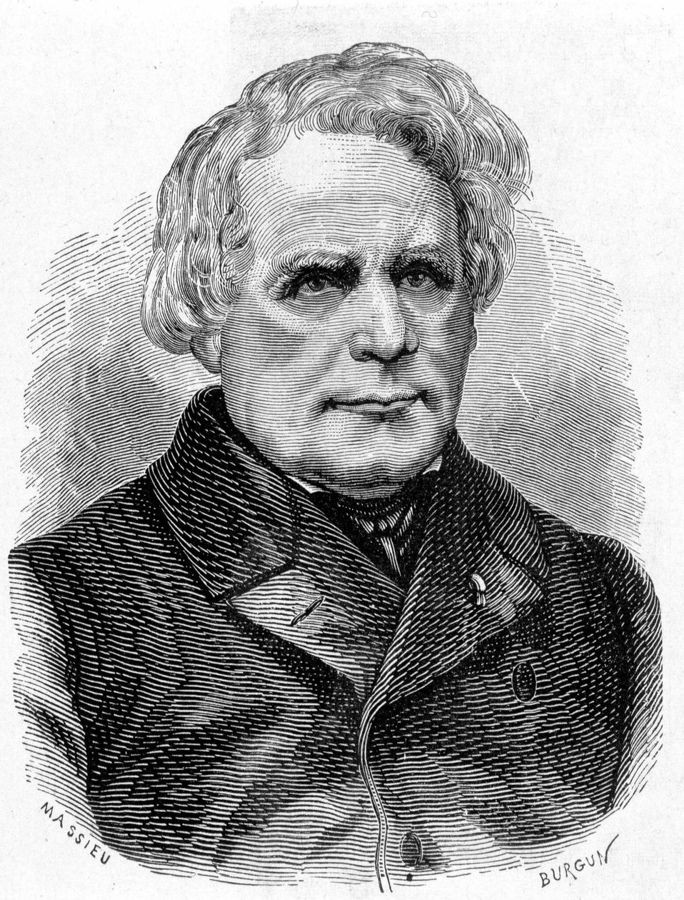 Portret Ruhmkorffa Heinricha Daniela (1803 - 1877), konstruktora instrumentów fizycznych (aparat indukcyjny), niemieckiego mechanika i elektryka - w „Albumie nauki”; wybitni naukowcy; Wielkie odkrycia”” 1896. autorstwa French School